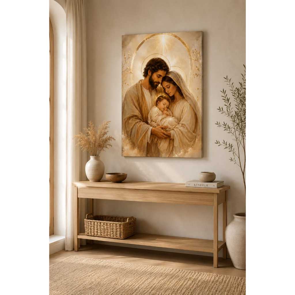 quadro Sagrada Família, quadro religioso, Jesus Maria José, decoração católica, arte sacra dourada, quadro sala e quarto