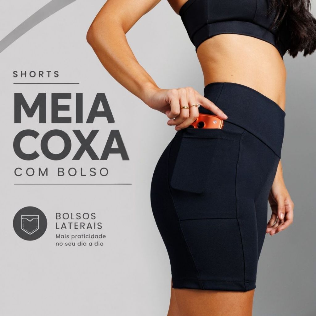 Shorts Meia Coxa Feminino com Bolso Bermuda Academia Compressão Zero Transparência Corrida Conforto