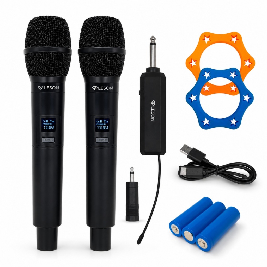 Kit 2 Microfones Sem Fio Leson UHF Recarregável P10 USB-C Igreja Karaokê Palestra Eventos