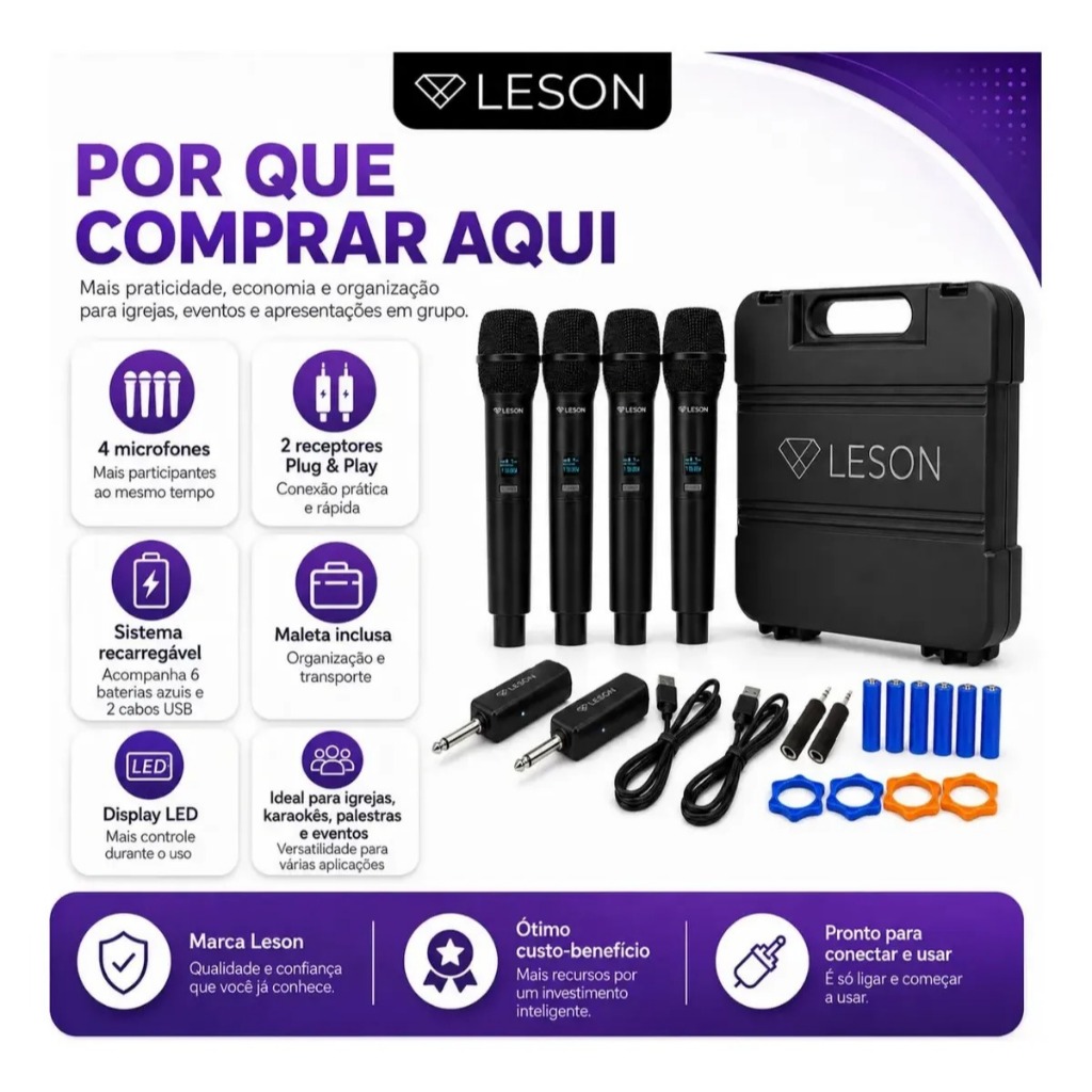 Kit 4 Microfones Sem Fio Leson MIC PRO 4.0 Recarregável P10 com Maleta Igreja Karaokê Eventos — imagem 2 de 2