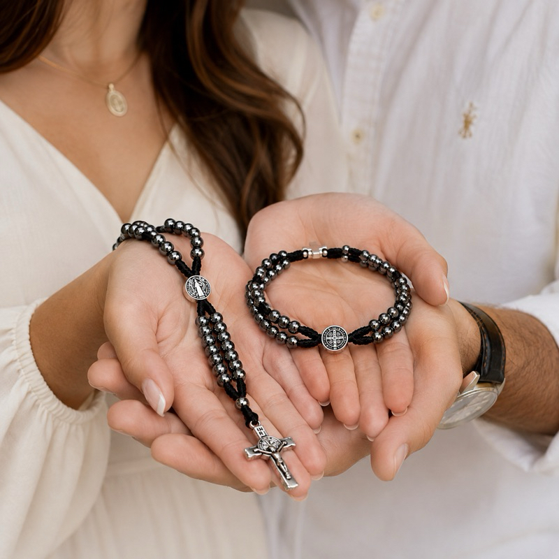 Terço De Pulso Pulseira Pedra Natural Hematita São Bento/ Nossa Senhora Aparecida