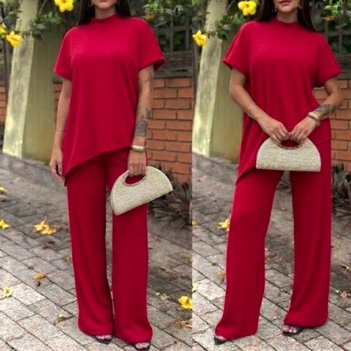 Conjunto Feminino  Assimétrico Anaruga gola alta elegante confortável Calça Pantalona com bolso e elástico