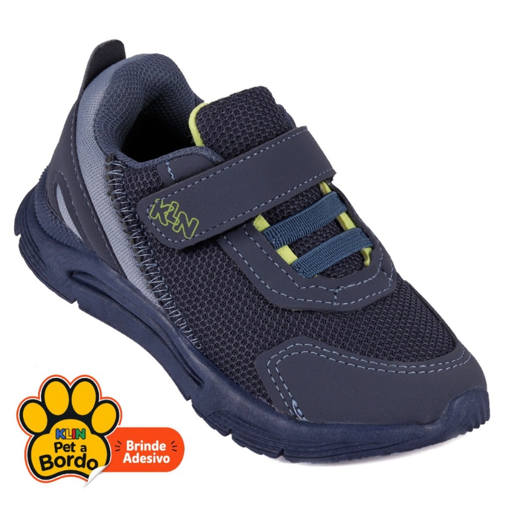Tênis Infantil Masculino Klin New Sport com Elástico e Tira Aderente Anatômico - Chumbo/Azul