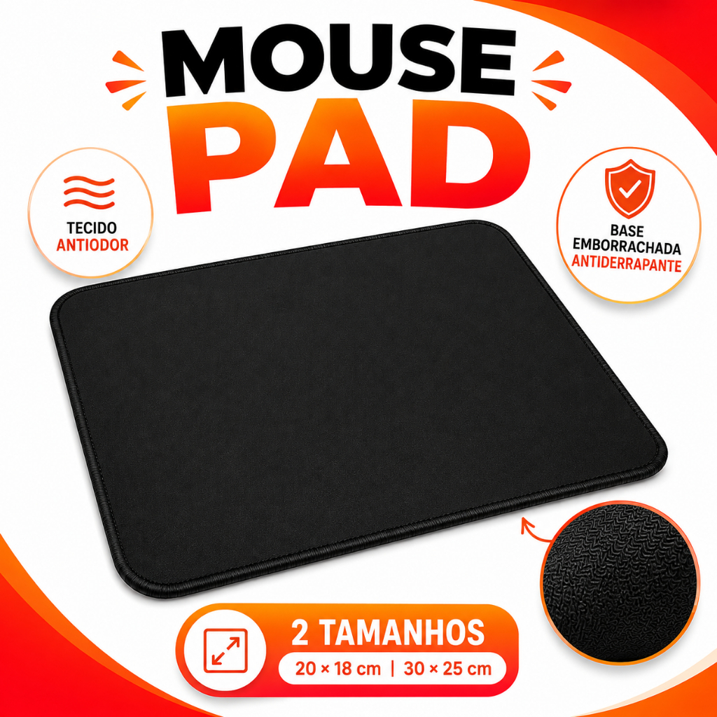 Mouse Pad Costura Dupla Reforçado Base Emborrachada Antiderrapante e Tecido Anti-odor