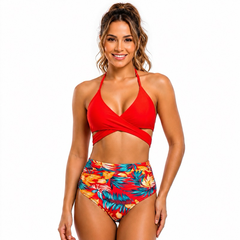 Biquíni Feminino Bojo Cós Alto Cintura Modeladora Transpassado Estampado Floral Moda Praia UV  Poliamida com elastano