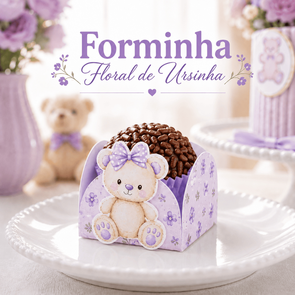Forminha para Docinho Ursinho Chá Revelação ou Chá de Bebê | Forminha Brigadeiro Floral Lilás Festa Menina