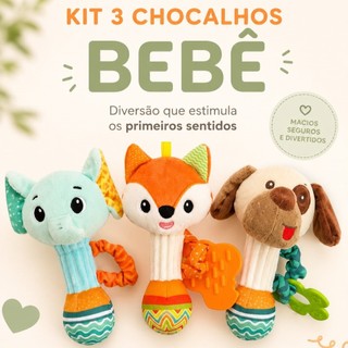 Chocalho Mordedor de Pelúcia Infantil Animais 3 Modelos Brinquedo Bebê Presente