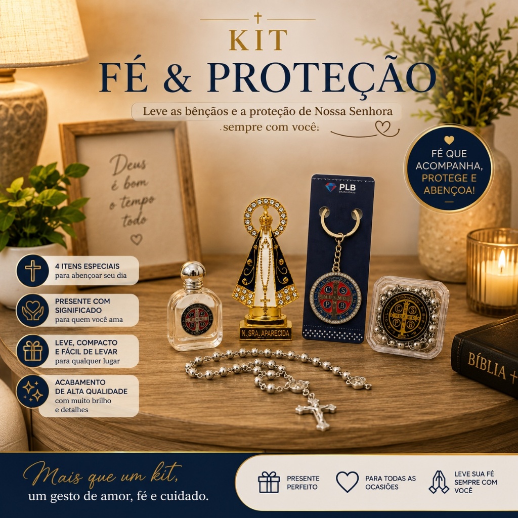 Kit Nossa Senhora Aparecida Presente Casa Nova Terço Água Benta São Bento Chaveiro Religioso Católico