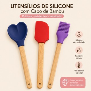 KIT 2/4 Espátulas de Silicone com Cabo de Bambu Coração, Raspador e Pincel para Cozinha, Confeitaria e Churrasco