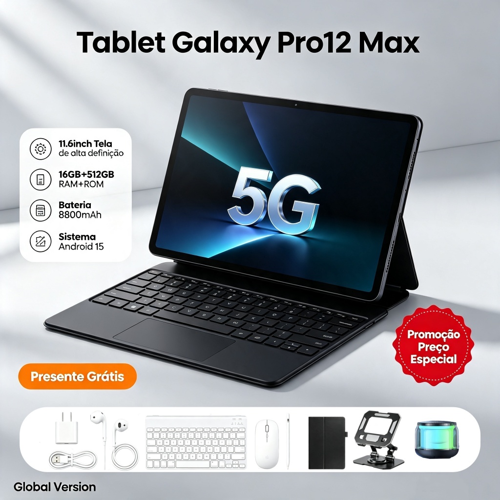 【Teclado e mouse grátis】Tablet Galaxy Pro12 Max 11,6 polegadas HD 16 GB + 512 GB 8800 mAh Android 5G Bluetooth Wi-Fi