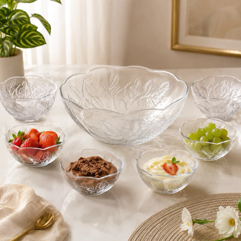 Conjunto Bowl de Vidro Dumiat Rose 7 Peças 1,5L + 6 Bowls 310ml Salada Sobremesa Frutas — imagem 1