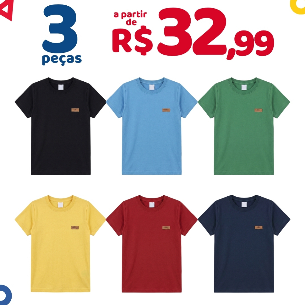 Kit 3 Camisetas Básicas Menino Verão Manga Curta Sortidas Infantis 1 ao 14