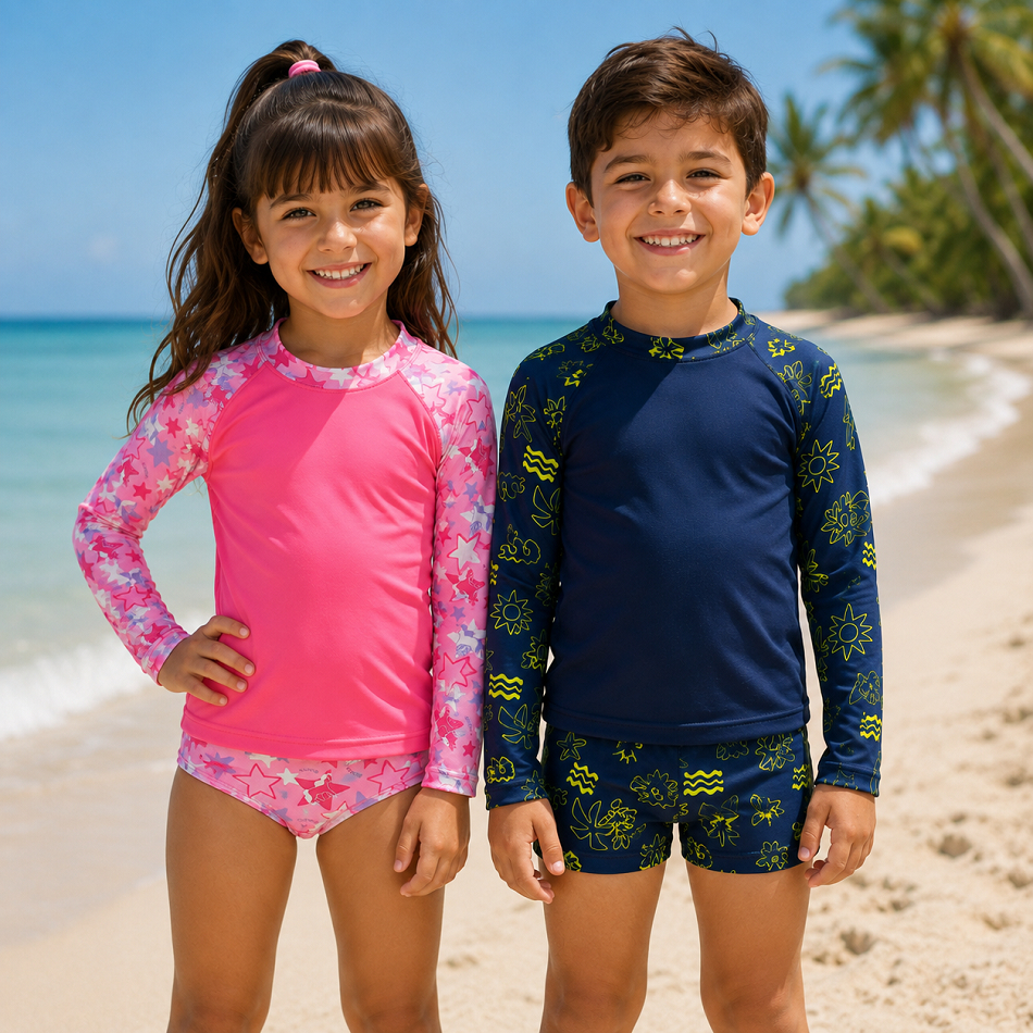 Conjunto De Praia Uv Proteção Solar | Biquini Infantil | Sunga Infantil + Camiseta Uv Infantil