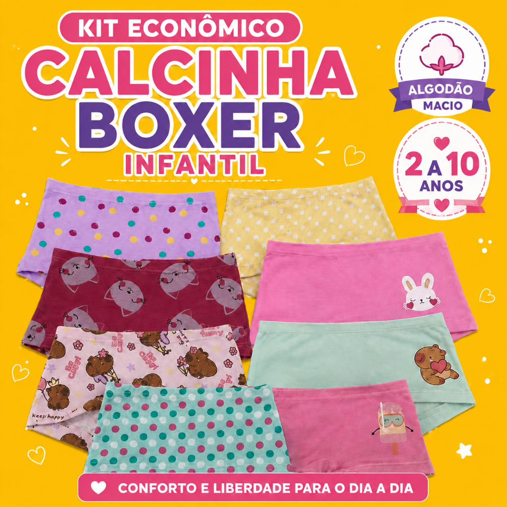Kit 5 ou 10 Calcinhas Boxer Infantil Menina Algodão Forro Duplo Tamanhos 2 a 10