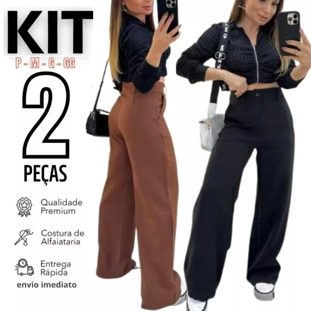 Kit 2 Calças Social Feminina Pantalona Alfaiataria Lançamento Moda Luxo Elegância Social