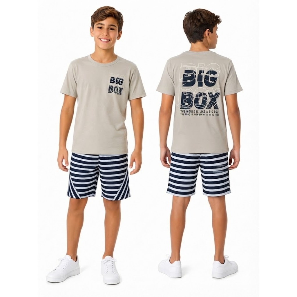 Conjunto Masculino Juvenil Menino Camiseta Bermuda Estampada Frente e Costas Moda Infantil Casual 10 ao 14