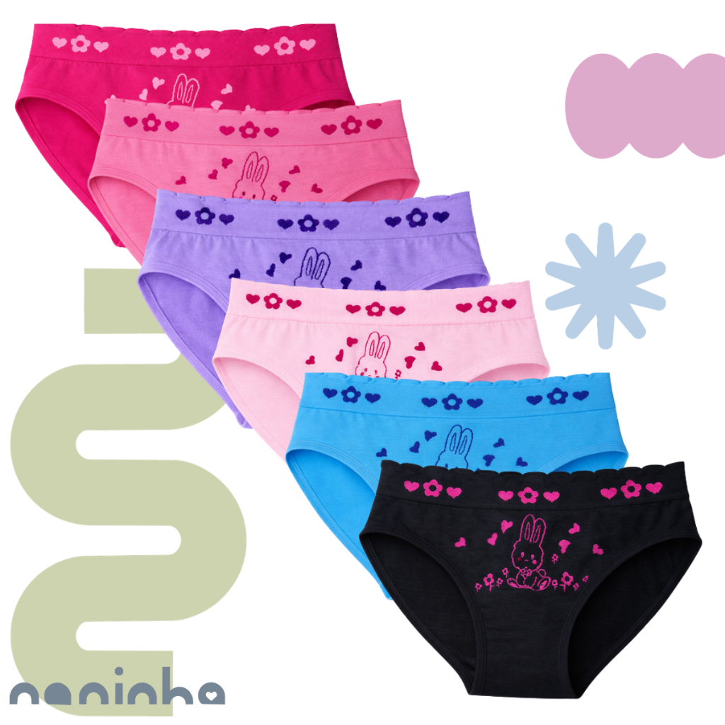Kit 3 Calcinhas Infantis Sortidos Meninas Modelos Lisos com Detalhes, Cores Sortidas, Confortável - 2 a 10 anos