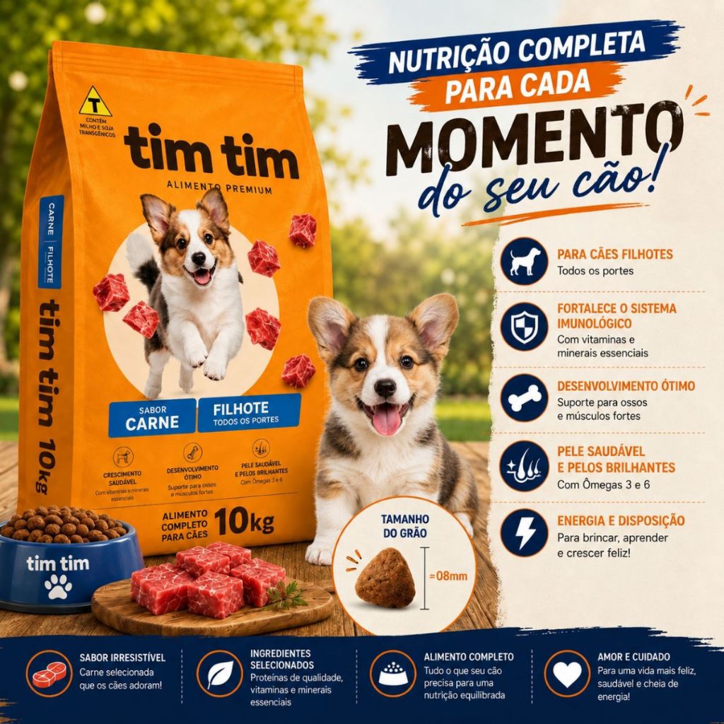 Ração Tim Tim Cães Filhotes 10,1kg Carne Desenvolvimento Saudável Todos Os Portes