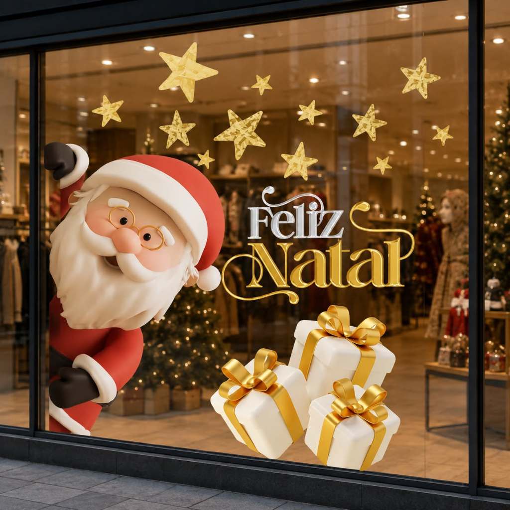 Adesivo Decorativo de Vitrine Porta ou Parede Feliz Natal  Papai Noel - 1 Metro