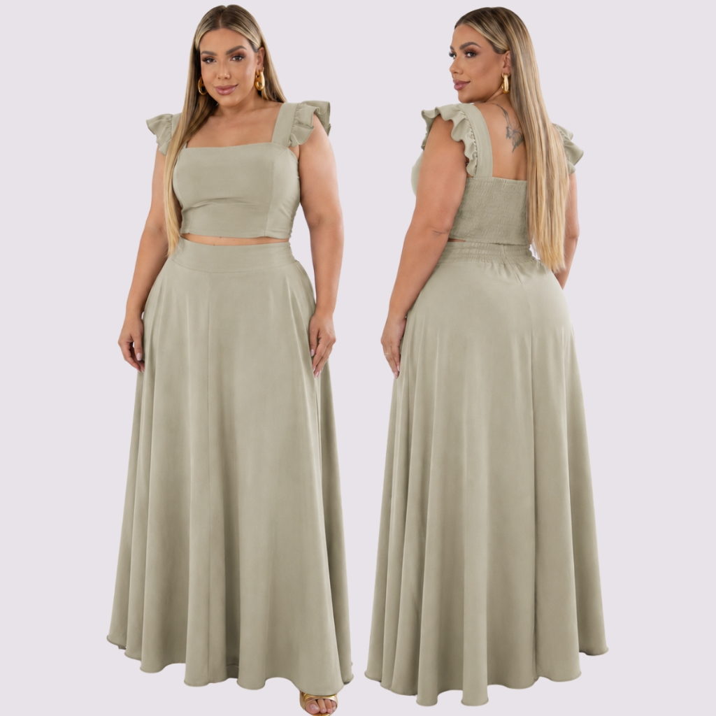 Conjunto Godê Plus Size Feminino Cropped e Saia Longa Rodada Dunas Elegante Premium.Moda evangelica cristã,casual social