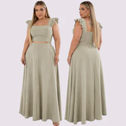 Conjunto Godê Plus Size Feminino Cropped e Saia Longa Rodada Dunas Elegante Premium.Moda evangelica cristã,casual social