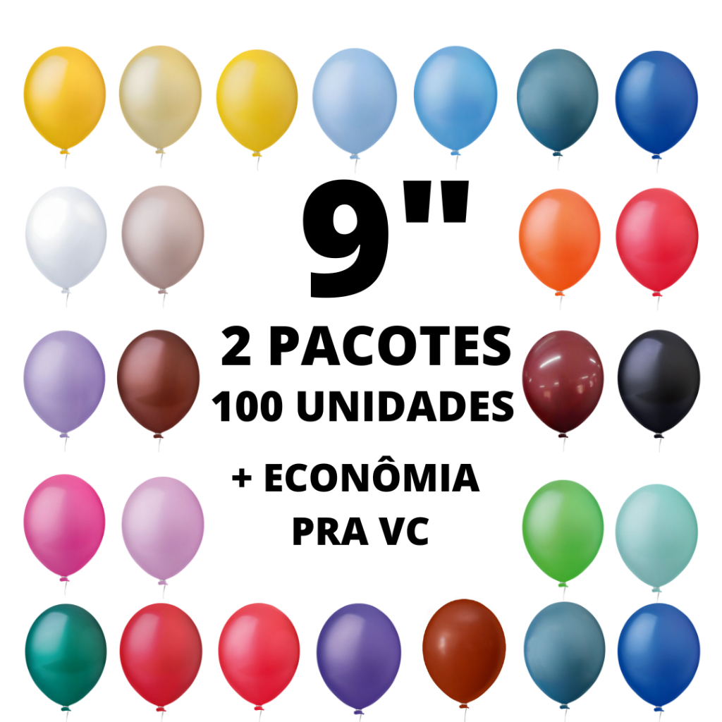 2 Pacotes Bexiga 9 Polegadas Redonda - Total de 100 unidades da mesma cor