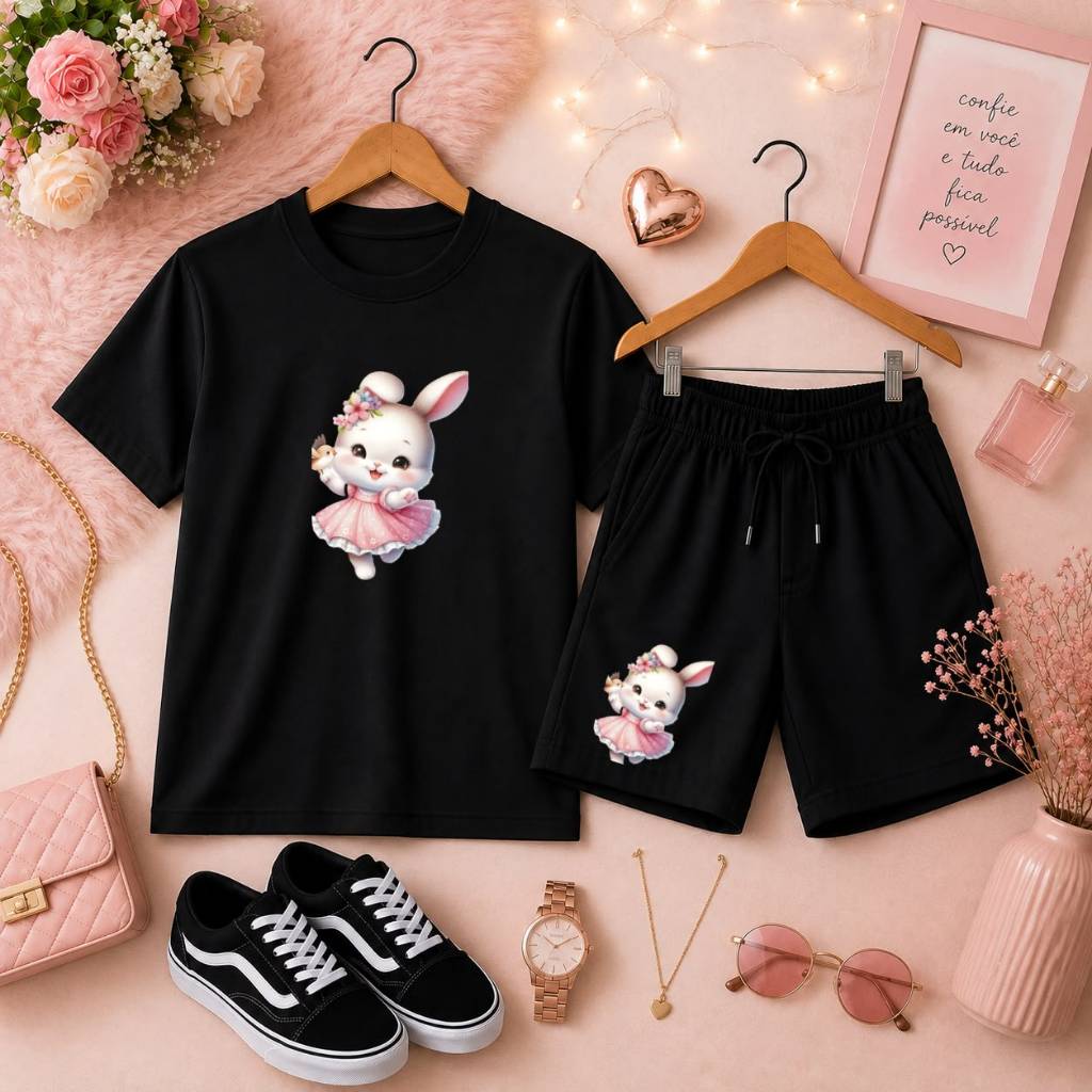 Conjunto Infantil Menina Camiseta Básica + Short de Moletom Look Moderno e Confortável Estampa de Coelhinha Delicada