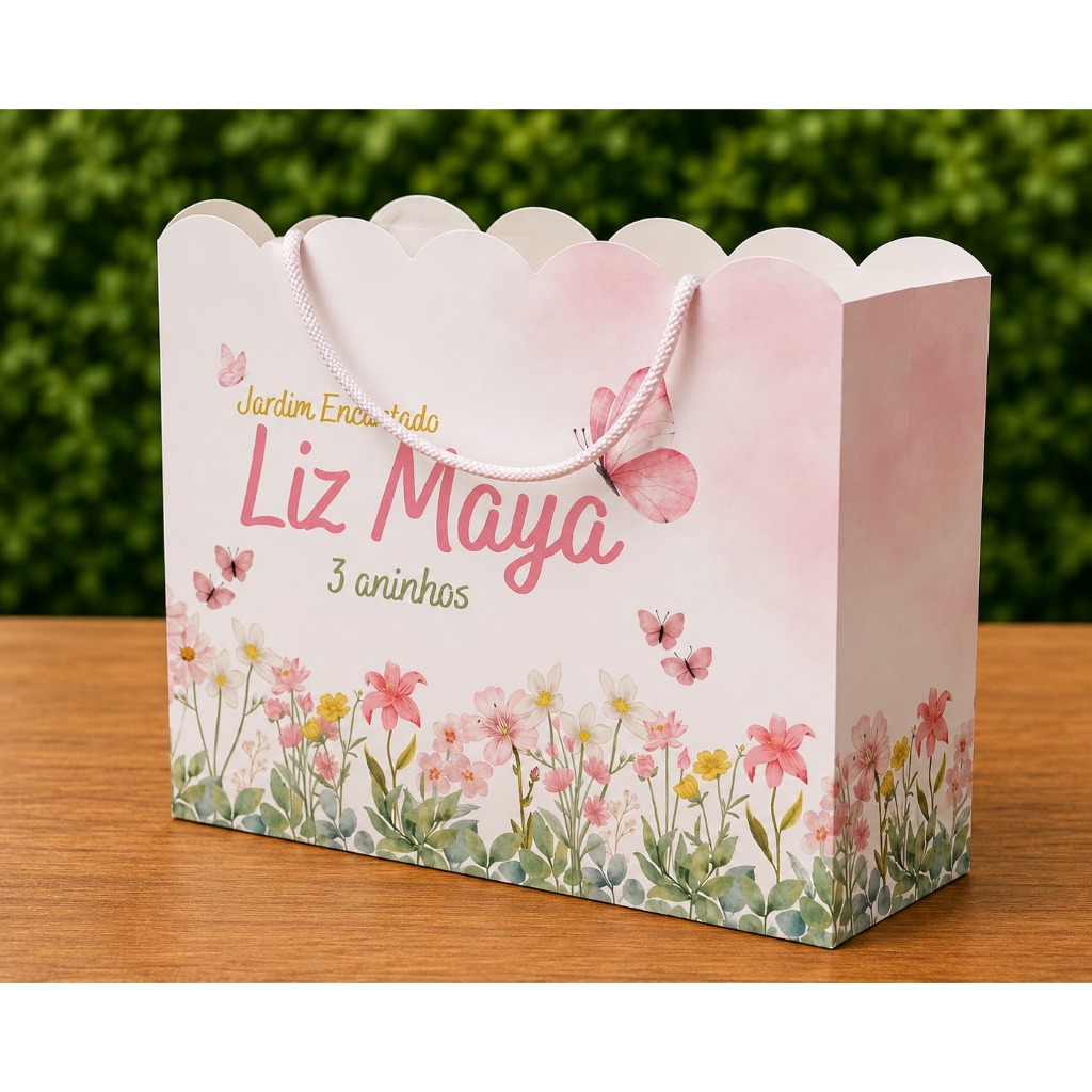 Kit Sacolinha Personalizadas Tema Jardim Encantado Flores e Borboletas - PEGUE E MONTE Lembrancinhas
