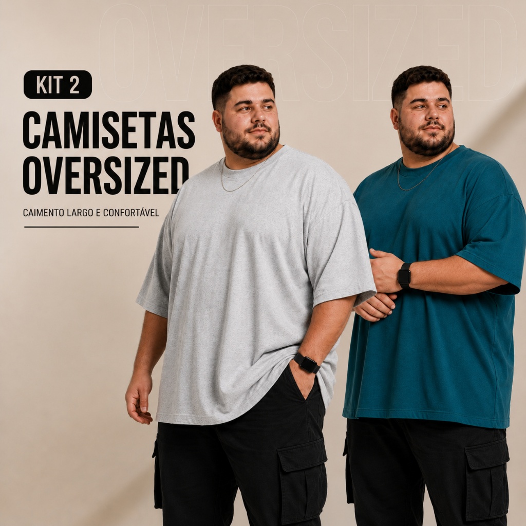 Kit 2 Camiseta Oversized Masculina Plus Size G1 ao G4 Streetwear Algodão Premium Básica Gola Canelada Malha Penteada