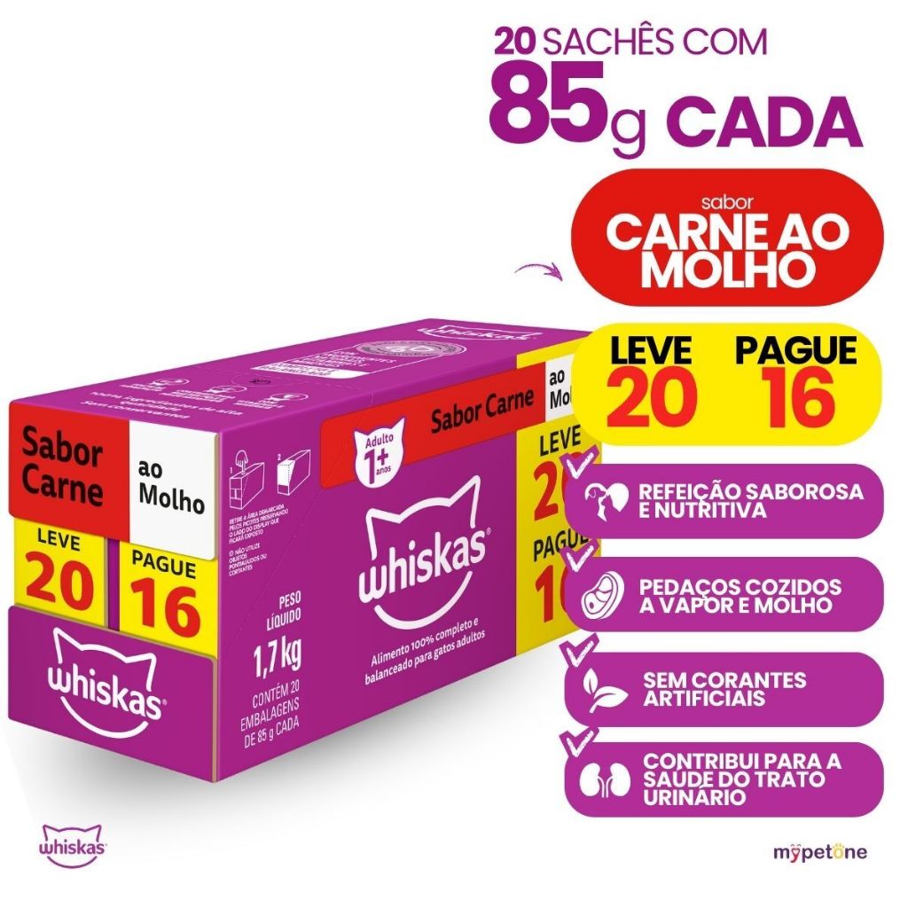 Ração Úmida Whiskas Gatos Adultos Sachê Ao Molho 85g - Caixa Com 20 Unidades Frango Carne e Atum