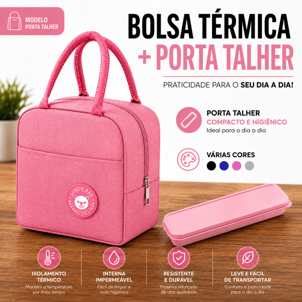 Kit Bolsa Térmica  Para Marmita Lancheira Viagem + Porta Talher