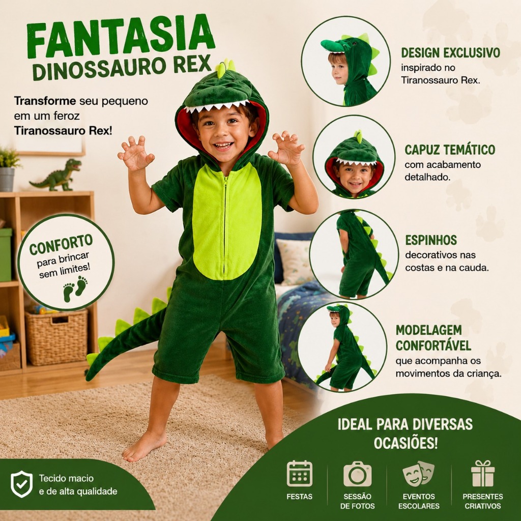 Fantasia Masculino Dinossauro Infantil Criança Menino Pijama Macacão com Capuz Cauda Tiranossauro Rex Cosplay Halloween