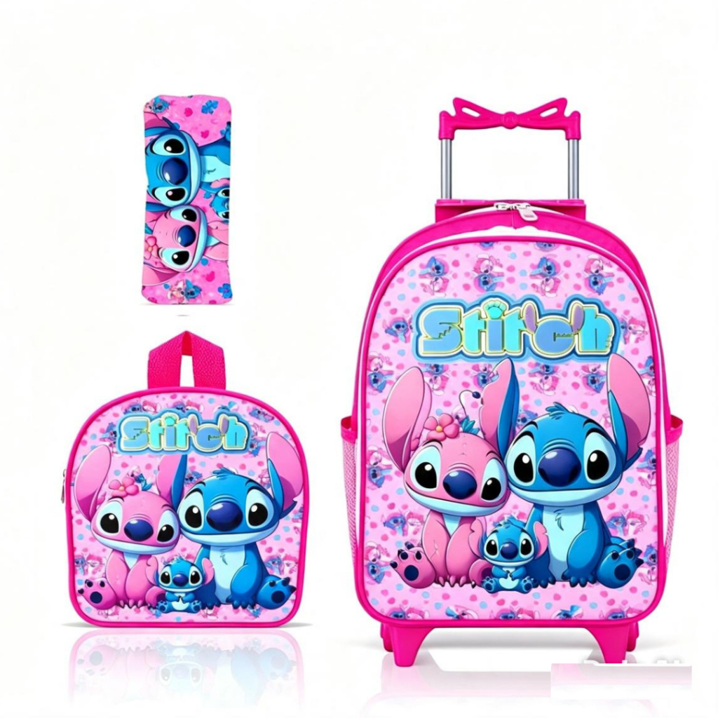 Mochila Bolsa escolar Stitch Angel com lancheira e Estojo - Carrinho com rodinhas - menina - feminino