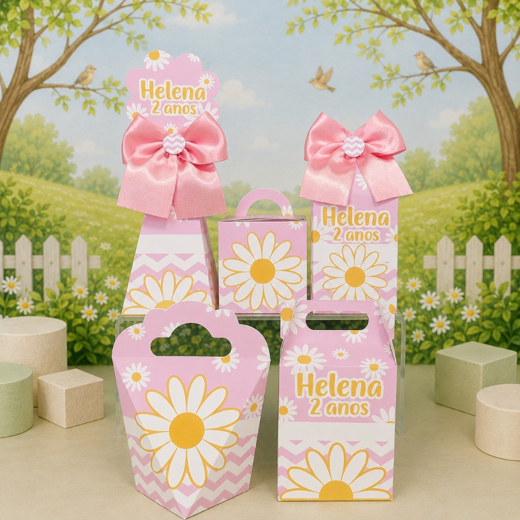 Kit Caixinhas Personalizadas (Pegue e Monte) Margaridas Rosa Lembrancinhas de Aniversário