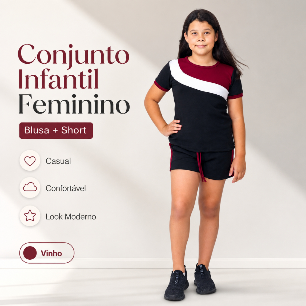 Conjunto Infantil Feminino Blusa e Short 2 Peças Casual Confortável Tamanho 10 12 14