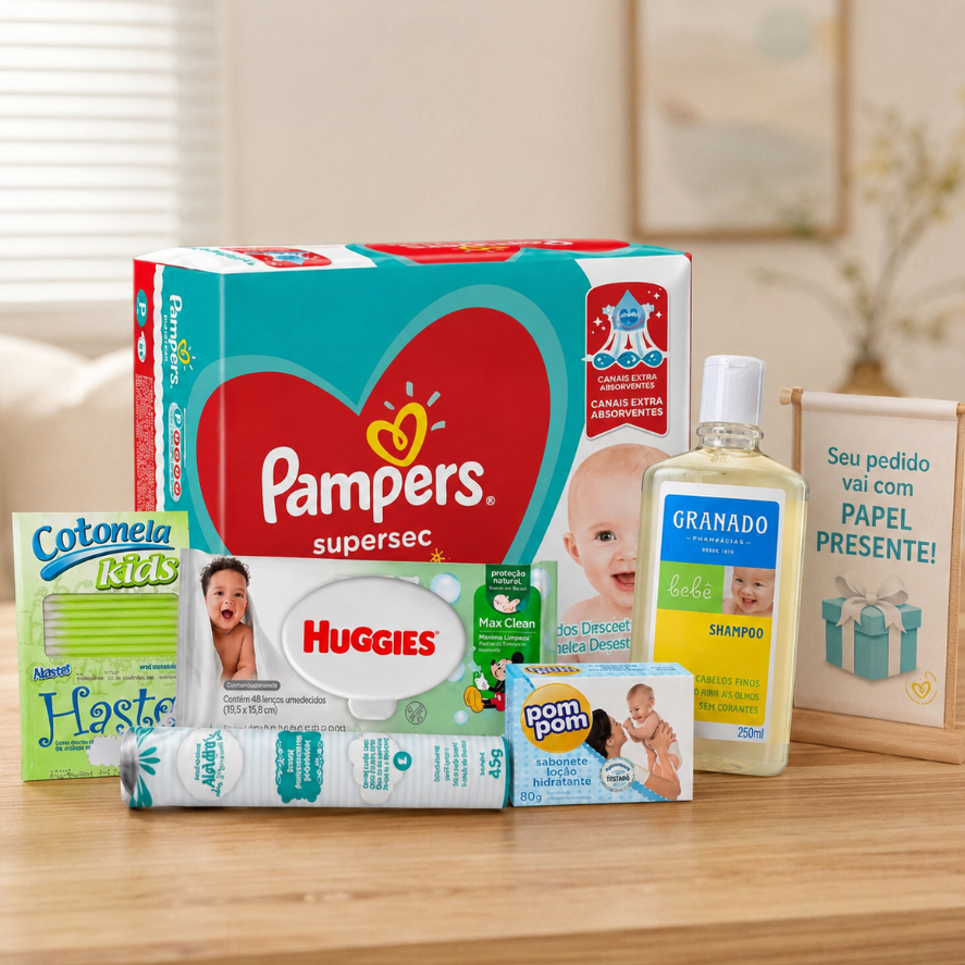 Kit Bebe Higiene Chá de Bebê Fraudas Pampers Pomada Assadura Shampoo Granado Baby