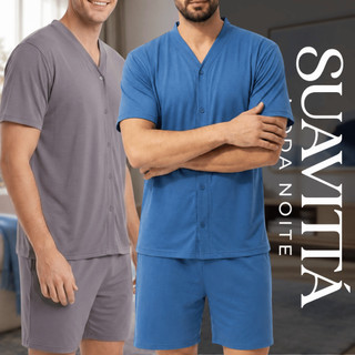 Kit 1 ou 2 Pijama Masculino Botão Aberto Curto Americano Malha Leve Verão Confortável Idoso Pós Cirúrgico