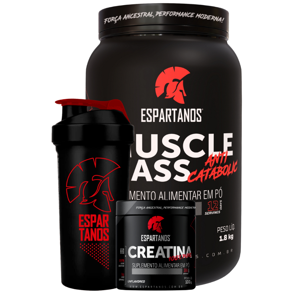 Kit Massa Hipercalórico MUSCLE MASS + Creatina 100g + Coqueteleira - Espartanos