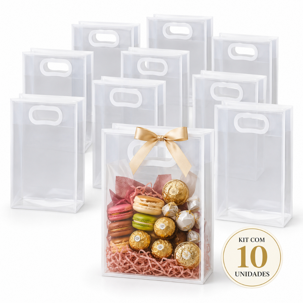 Kit 10 Sacola Transparente PVC para Presente Reutilizável Alça Reforçada Brindes e Kits Lembrancinhas Festa Casamento