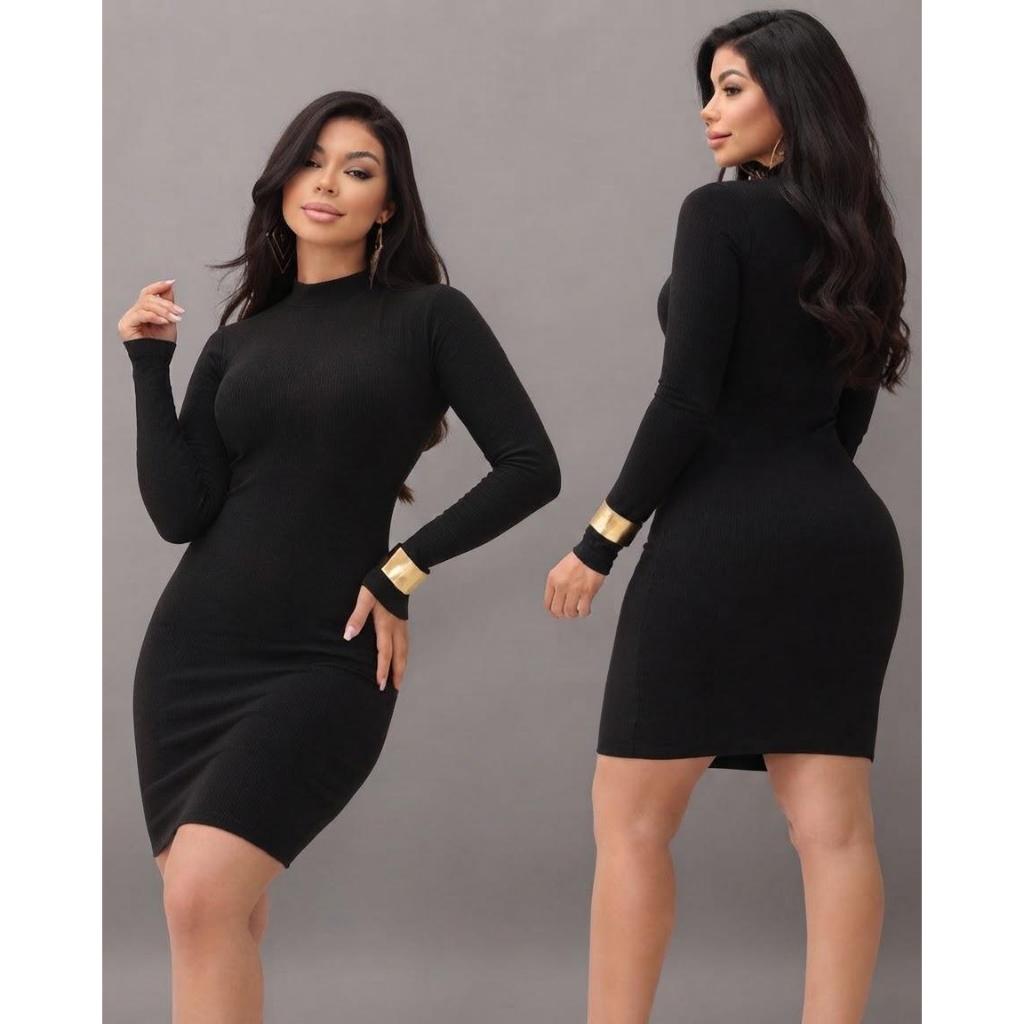 Vestido Feminino Canelado Manga Longa Gola Alta Tubinho Casual Curto Justo Inverno Quentinho Festa