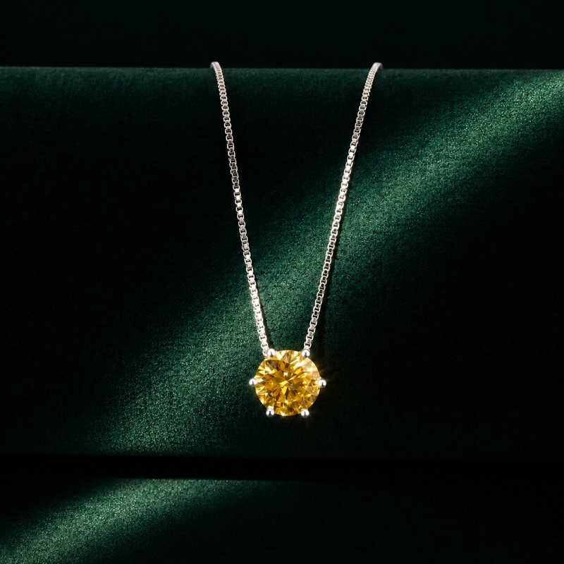 Colar Zircônia Redonda Amarela 8mm em Prata 925 Elegante
