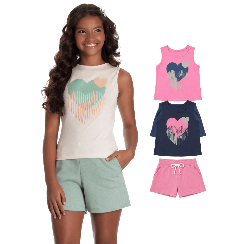 Conjunto Juvenil Feminino Regata Algodão Corações e Bermuda Moletinho Tamanhos 10 12 14