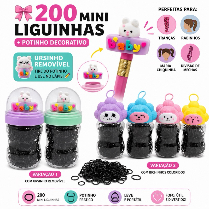 Elastico de Cabelo 200 Unidades Pretas Elástico Penteado Infantil Potinho Organizador com Coelhinho