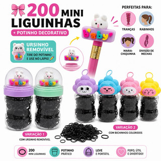 Elastico de Cabelo 200 Unidades Pretas Elástico Penteado Infantil Potinho Organizador com Coelhinho
