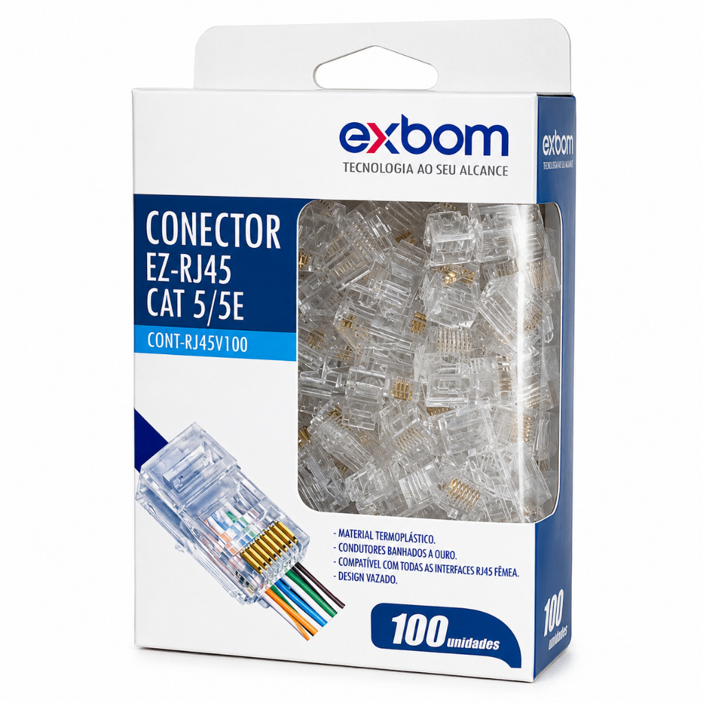 Kit 100 Conector Rj45 De Passagem Ez Crimpagem Cat5e 8 Condutores banhado a ouro, modelo UNIVERSAL