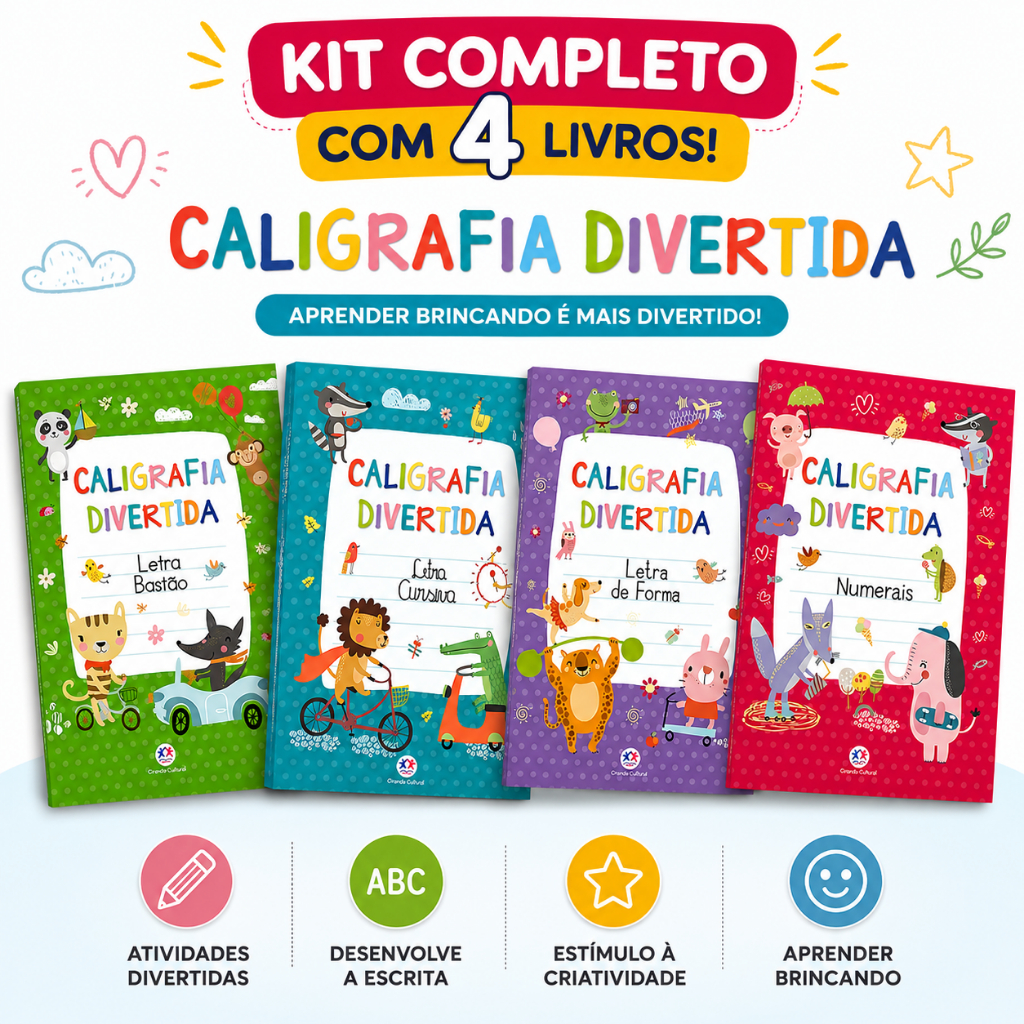 Kit Completo 4 Livros Caligrafia Infantil Letra Cursiva Alfabetização Educativa Atividades para Crianças