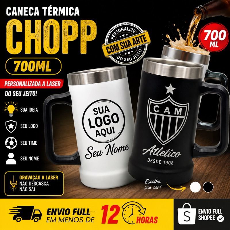 Caneca Térmica de Chopp 710ml Personalizada a Laser | Aço Inox de Alta Qualidade | Envio Rápido Full