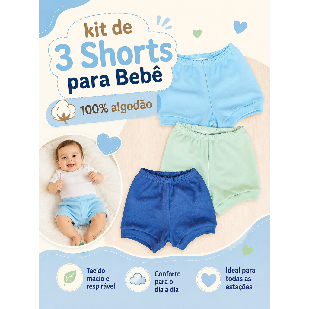 kit 3 Shorts Tapa Fralda para Bebê em Malha 100% Algodão  Enxoval Maternidade Menina Menino