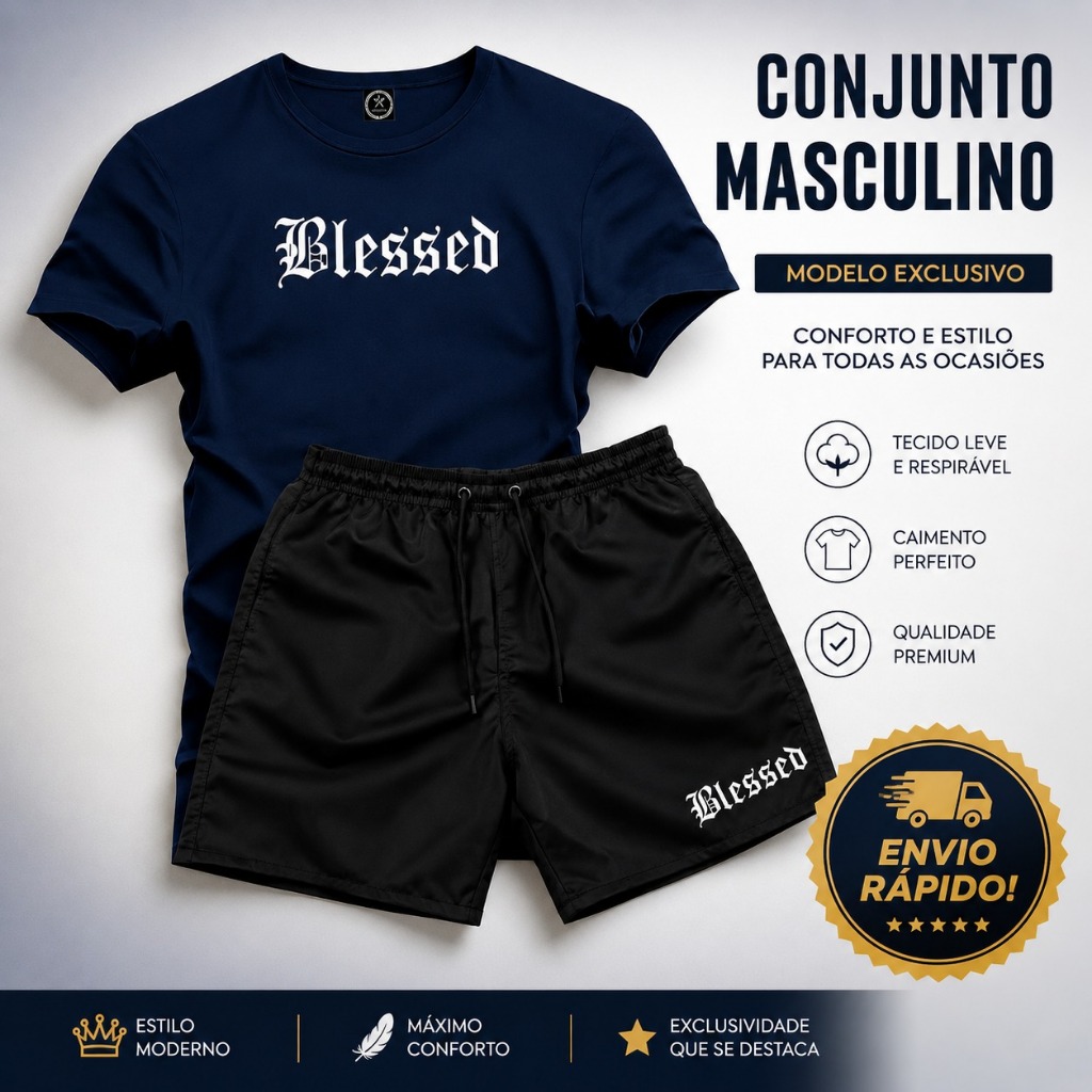 Conjunto Masculino Camiseta e Short 2 Peças Blessed Moderno Confortável para Dia a Dia Passeio Festa Academia e Lazer