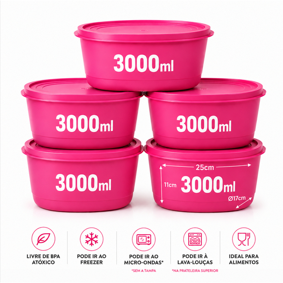 Kit 03 ou 05 Potes Ovais Herméticos Sólido/Transparente 3000ml BPA Free - Organizadores Grandes para Cozinha Mantimentos